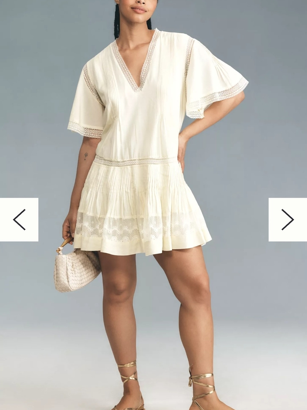 Maeve Short Sleeve Pale Yellow Cotton V-Neck Pintuck Swing Tunic Dress Page Sz L - Picture 6 of 15